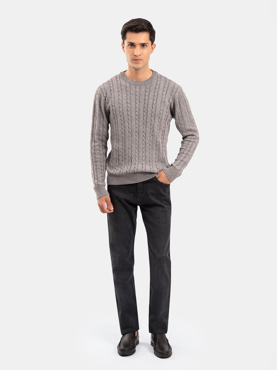Brown Cable Knit Wool Blended Crew Neck Jumper
