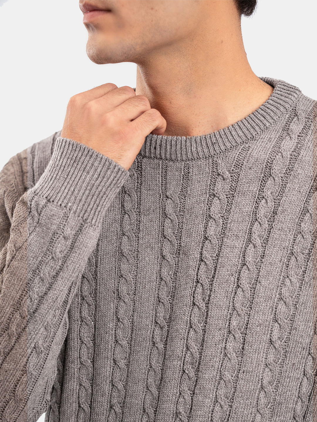 Brown Cable Knit Wool Blended Crew Neck Jumper