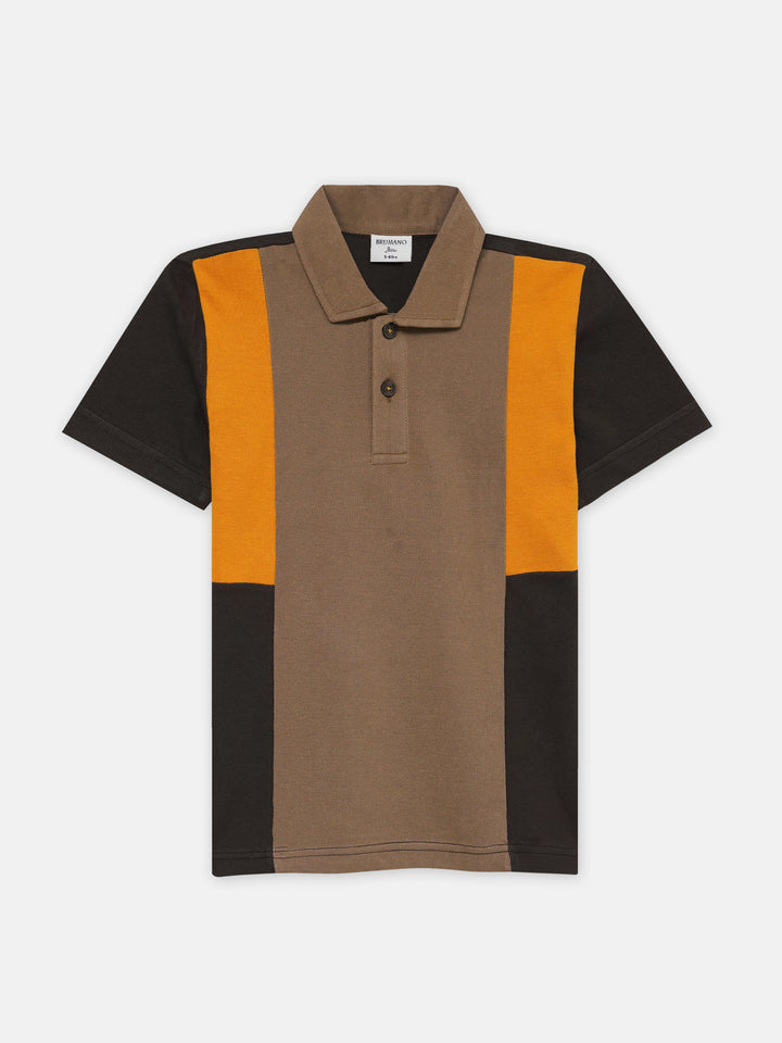 Brown & Orange Contrast Panel Pique Polo - Junior
