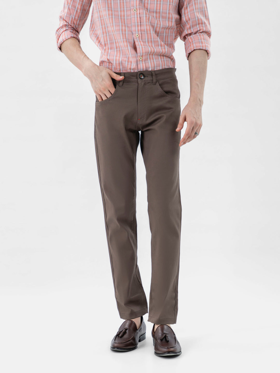 Brown Dobby Structured Five Pocket Trouser