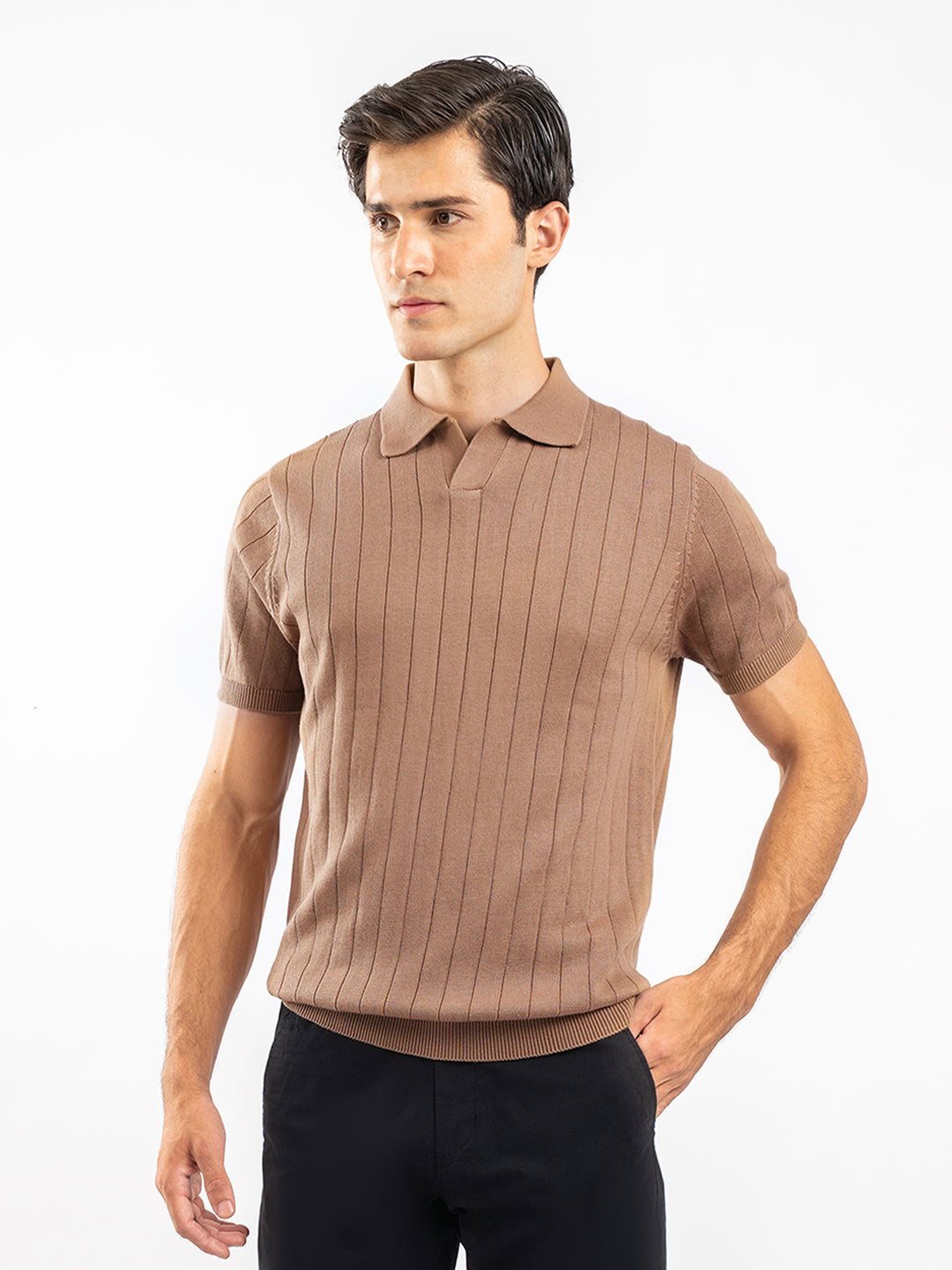 Brown Drop Needle Flat Knit Polo