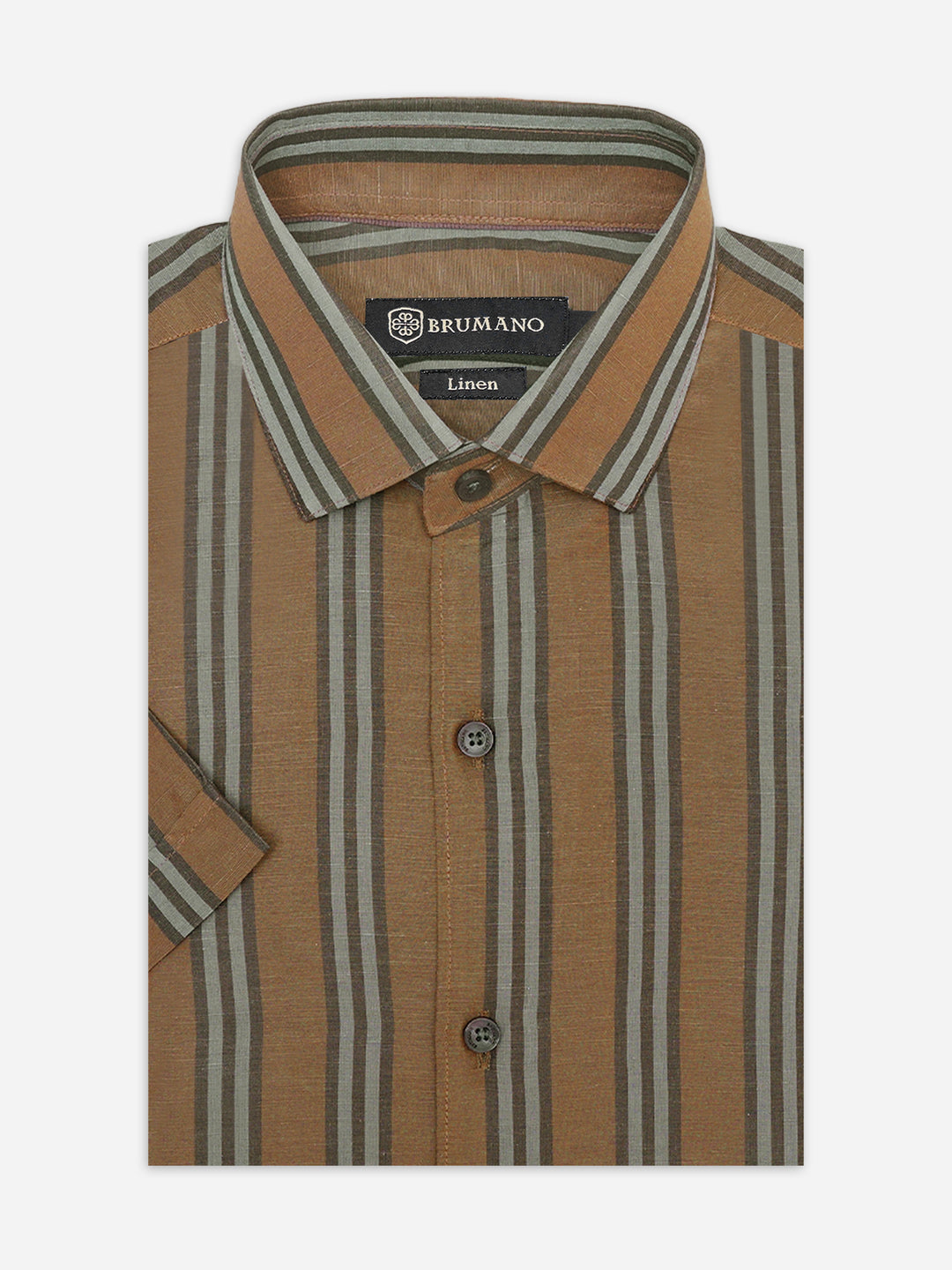 Brown Linen Blended Striped Half Sleeve Shirt