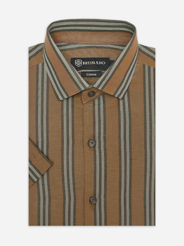 Brown Linen Blended Striped Half Sleeve Shirt
