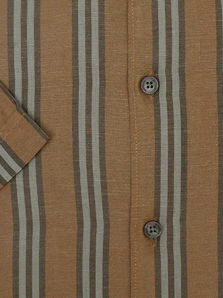 Brown Linen Blended Striped Half Sleeve Shirt