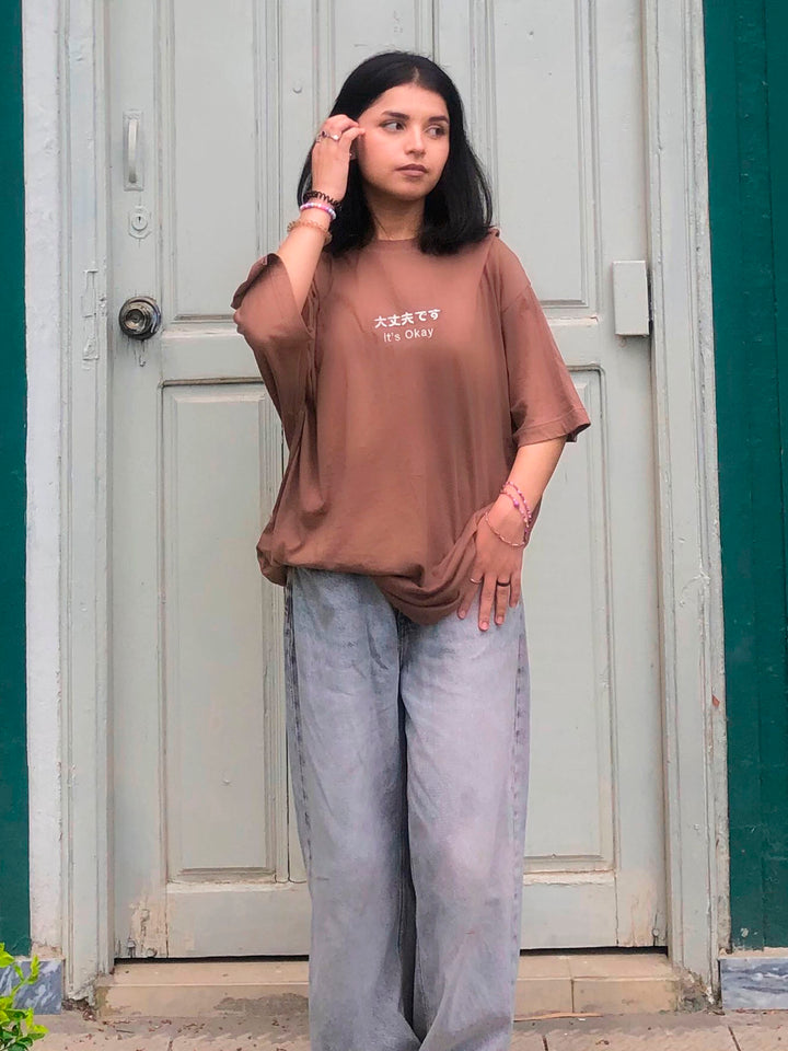 Brown Oversized T-Shirt With Minimalist 'Its Okay' Embroidery - Women