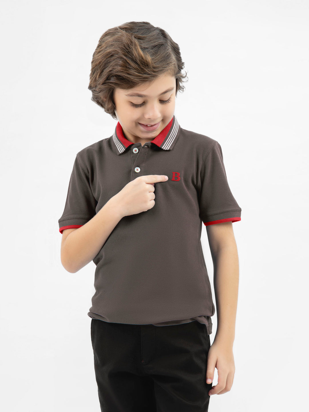 Brown pique polo with red collar brumano pakistan