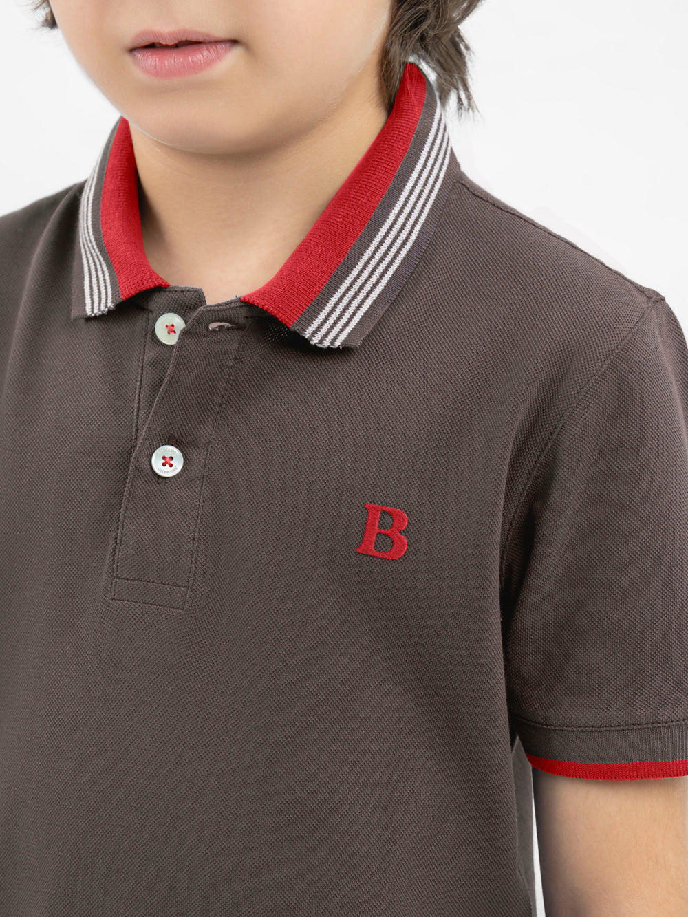 Brown Pique Polo With Red Collar