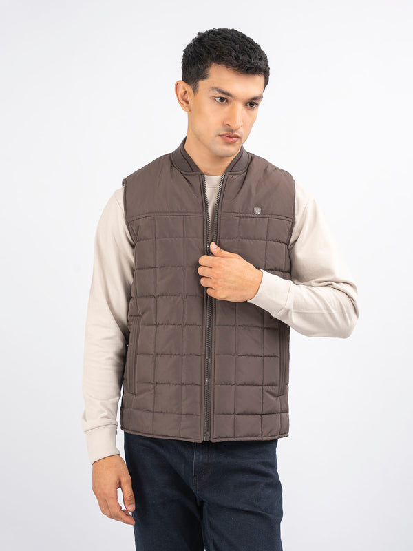 Brown Sleeveless Quilted Jacket With Sporty Baseball Collar