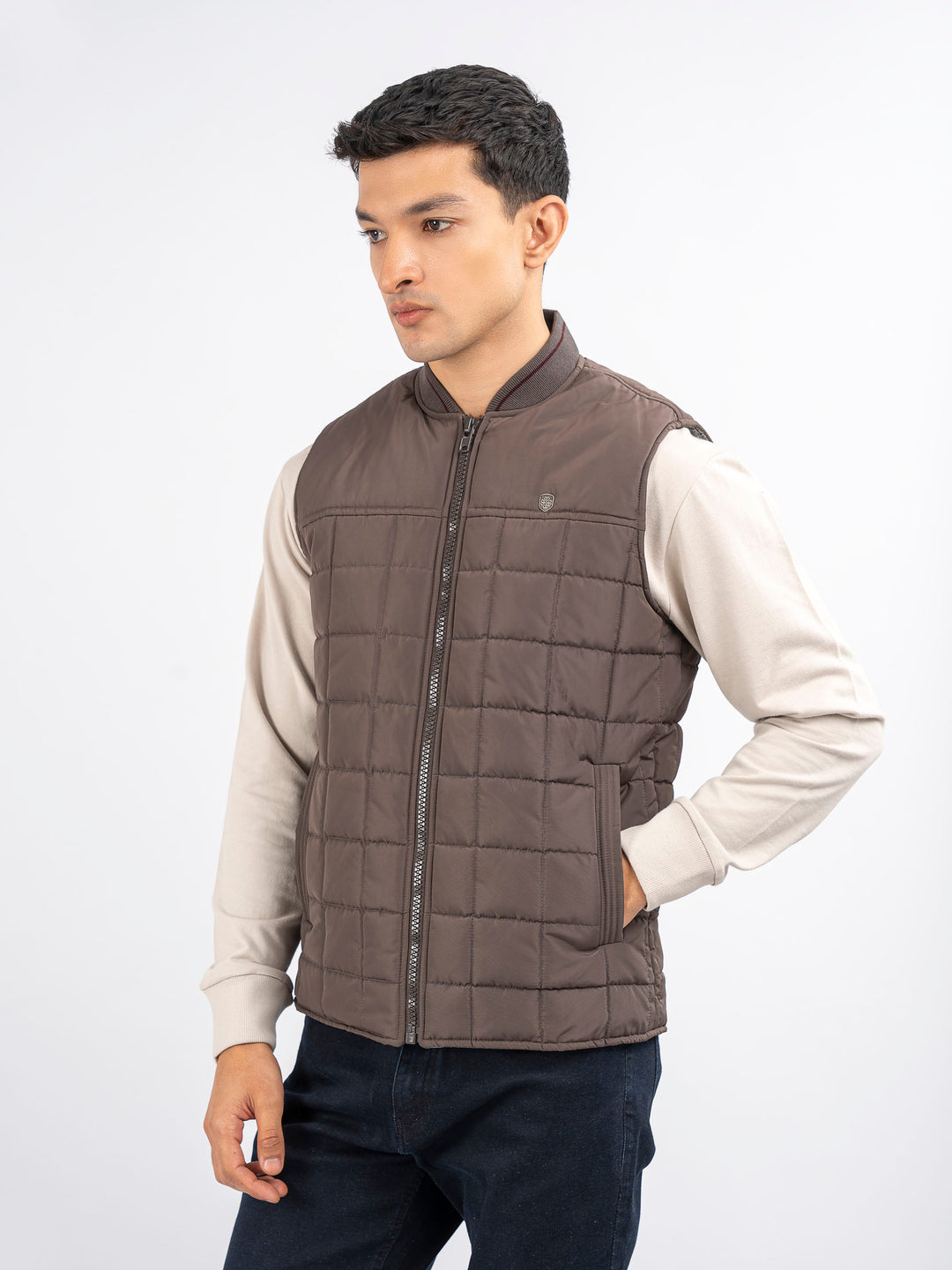 Brown Sleeveless Quilted Jacket With Sporty Baseball Collar