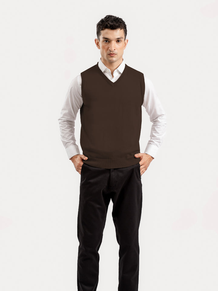 Brown Sleeveless V-Neck Sweater
