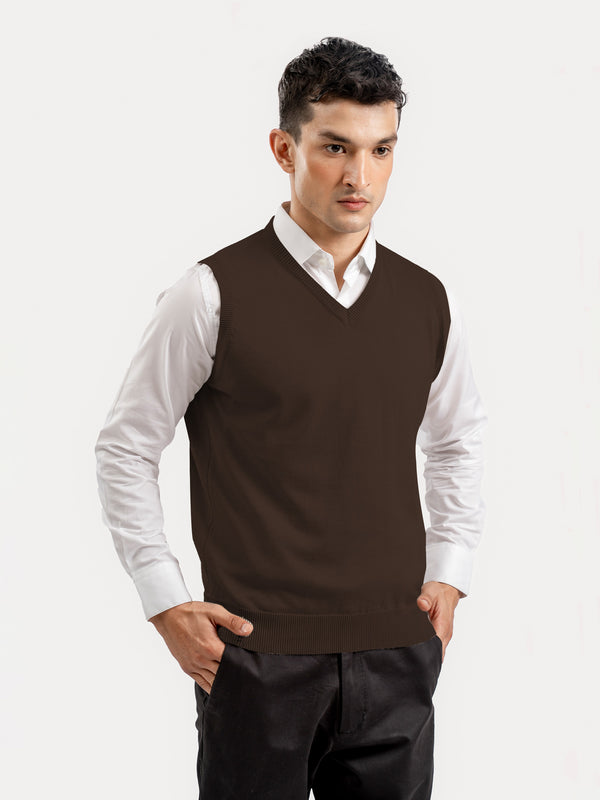 Brown Sleeveless V-Neck Sweater