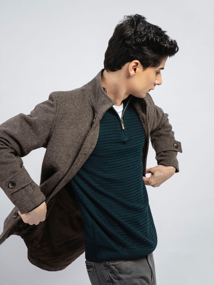 Brown Striped Wool Blended Long Coat - Limited Edition Brumano Pakistan