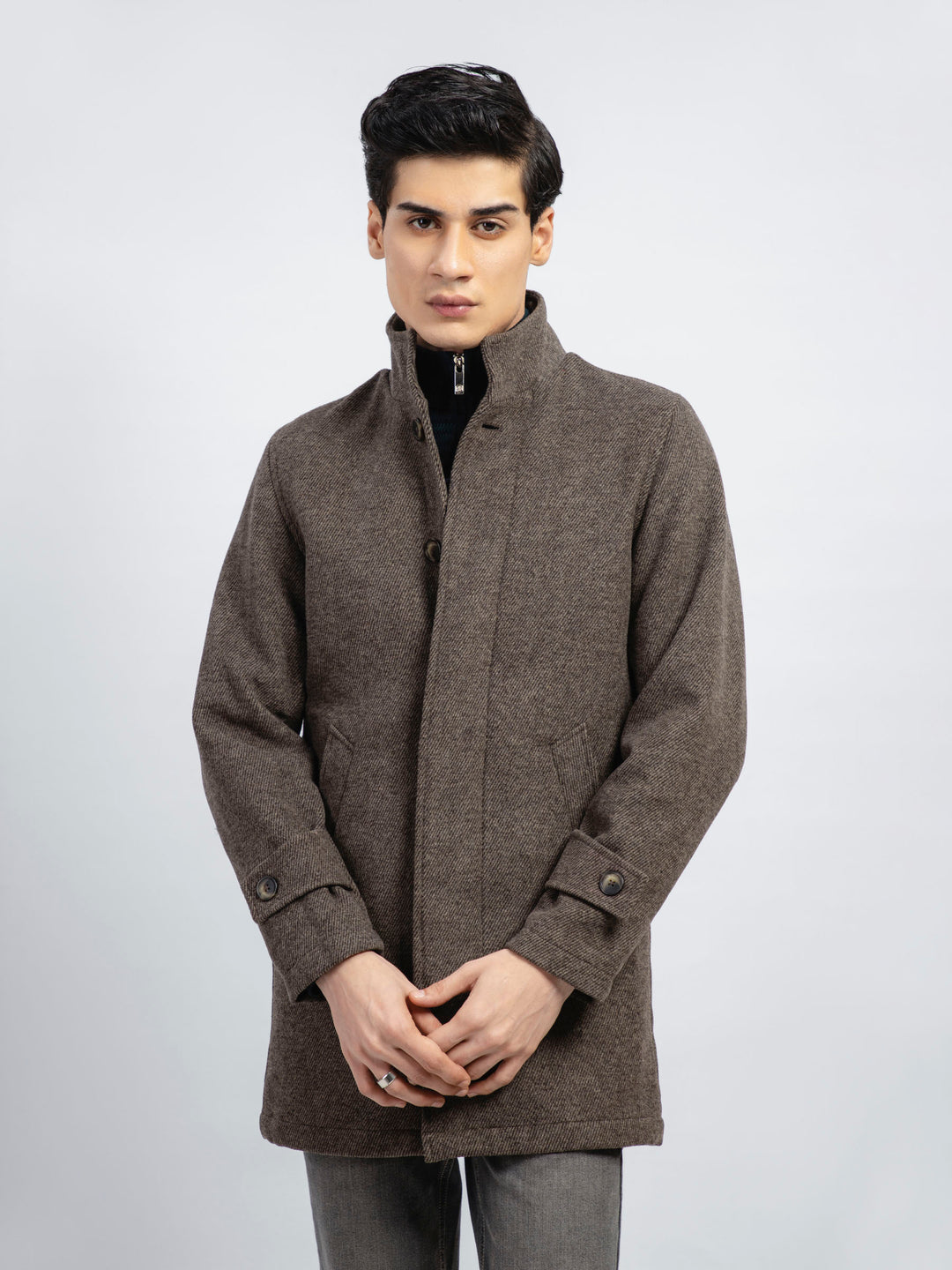 Brown Striped Wool Blended Long Coat - Limited Edition Brumano Pakistan