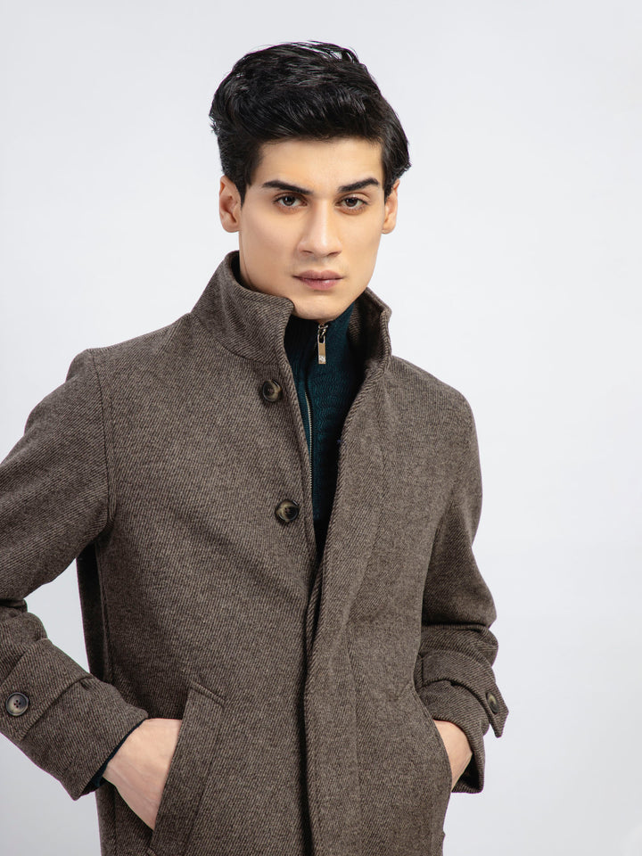 Brown Striped Wool Blended Long Coat - Limited Edition Brumano Pakistan