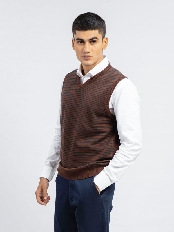 Brown Striped Wool Blended Sleeveless Sweater Brumano Pakistan