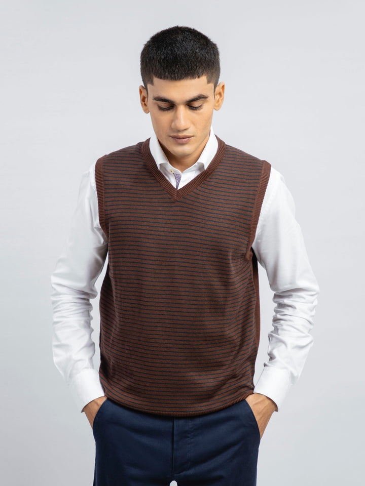 Brown Striped Wool Blended Sleeveless Sweater Brumano Pakistan