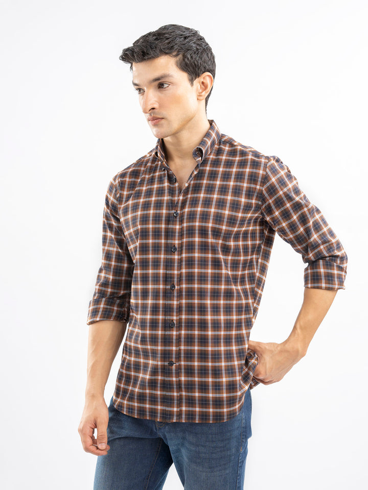 Brown Structured Checkered Shirt