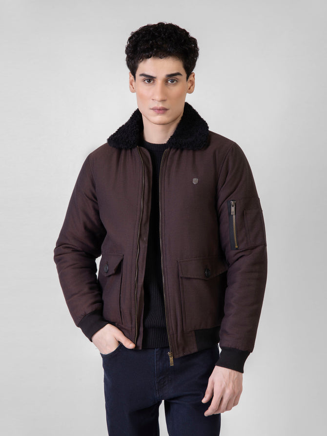 Brown Twill Sherpa Collar Aviator Jacket