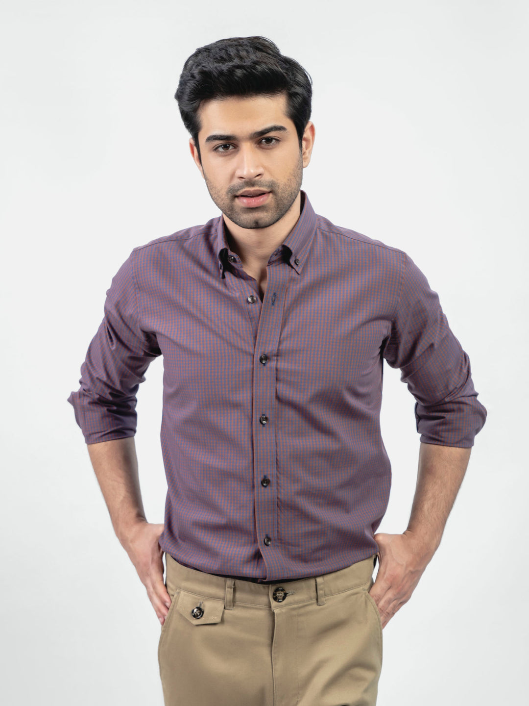 Brown & Blue Gingham Button Down Shirt Brumano Pakistan