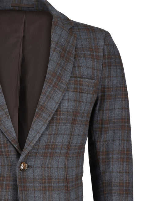 Brown & Navy Blue Checkered Wool & Cashmere Blazer - Sartoria