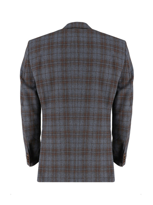 Brown & Navy Blue Checkered Wool & Cashmere Blazer - Sartoria