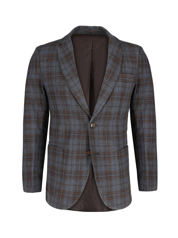 Brown & Navy Blue Checkered Wool & Cashmere Blazer - Sartoria