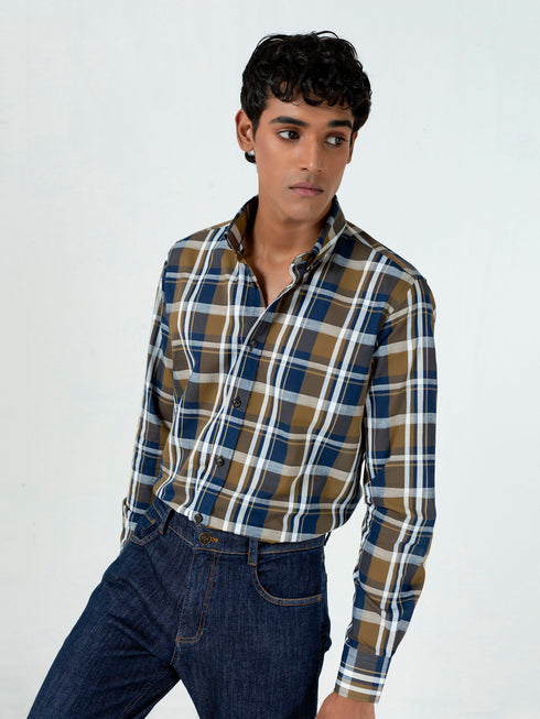 Brown & Navy Linen Checkered Shirt Brumano Pakistan