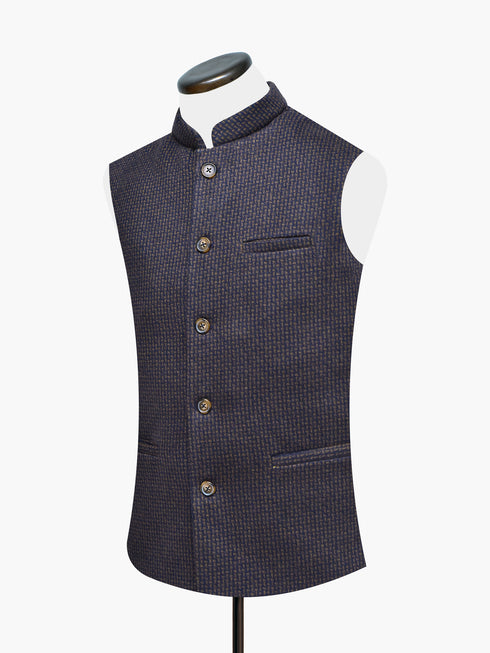 Brown & Navy Wool Patterned Waistcoat