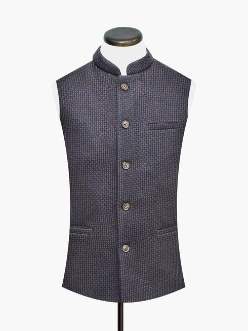 Brown & Navy Wool Patterned Waistcoat