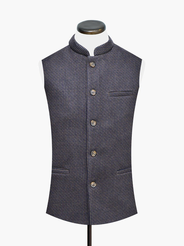 Brown & Navy Wool Patterned Waistcoat