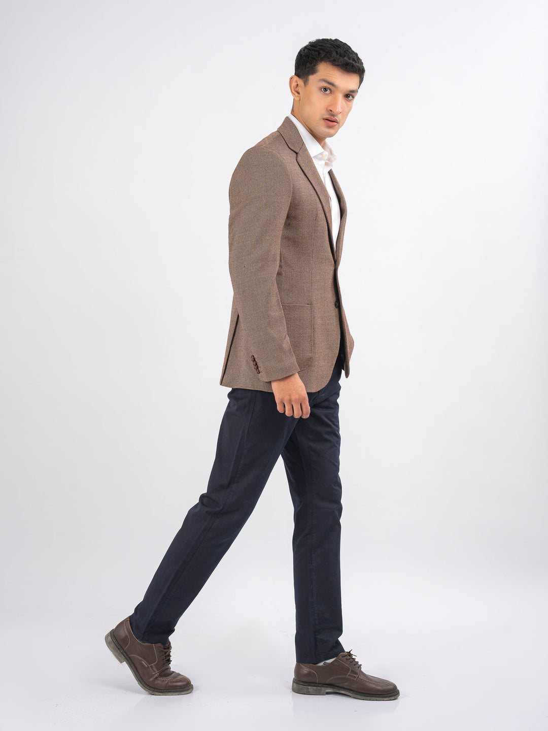 Brown & White Dobby Structured Wool & Cashmere Blazer - Sartoria