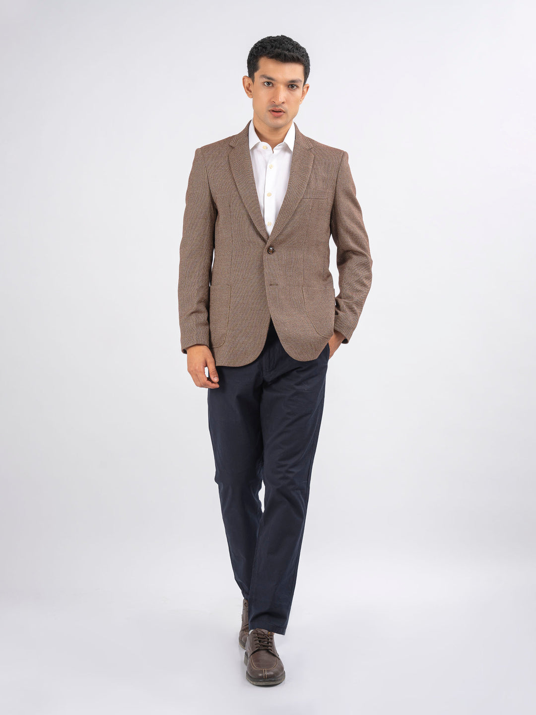 Brown & White Dobby Structured Wool & Cashmere Blazer - Sartoria