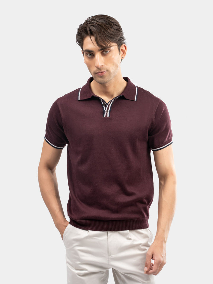 Burgundy Flat Knit Polo With Contrating Placket