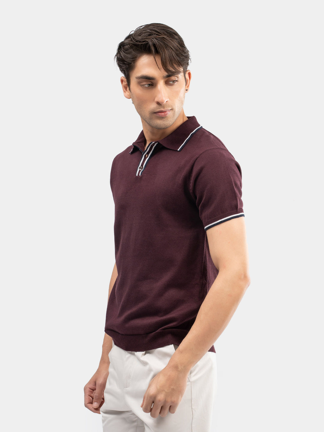 Burgundy Flat Knit Polo With Contrating Placket
