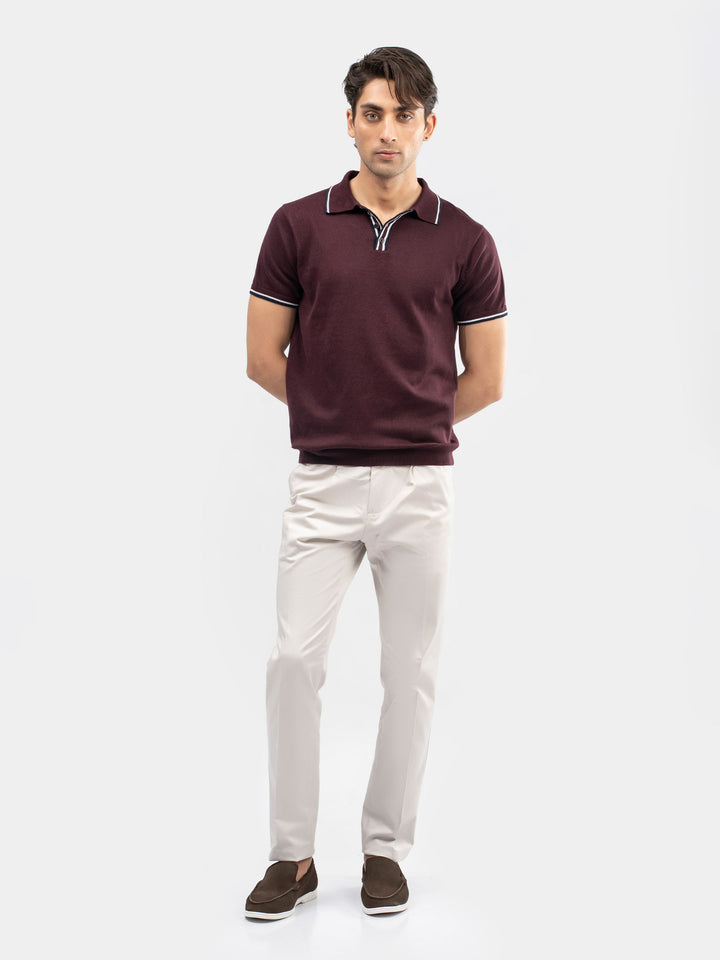 Burgundy Flat Knit Polo With Contrating Placket