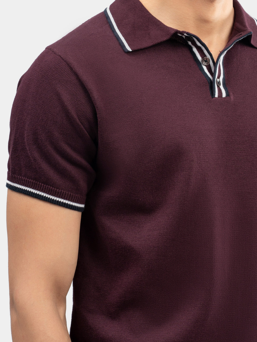 Burgundy Flat Knit Polo With Contrating Placket