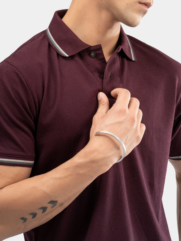 Burgundy Multicolor Tipped Collar Pique Polo