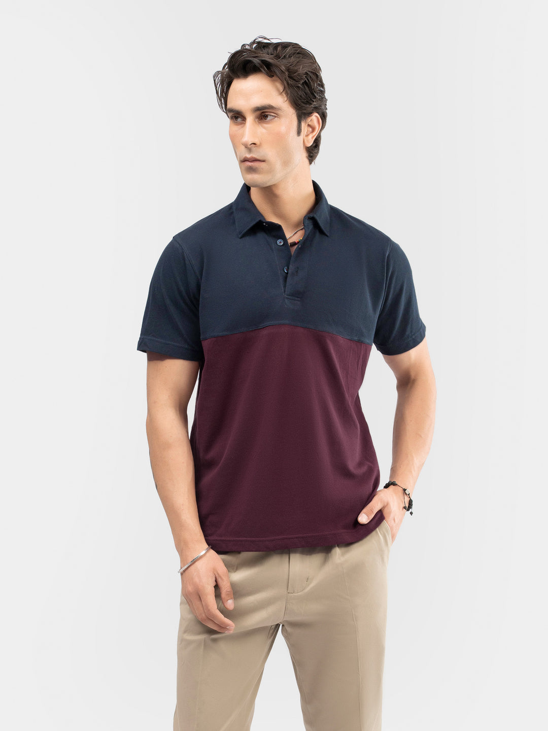 Men's burgundy and navy blue polo shirt front view