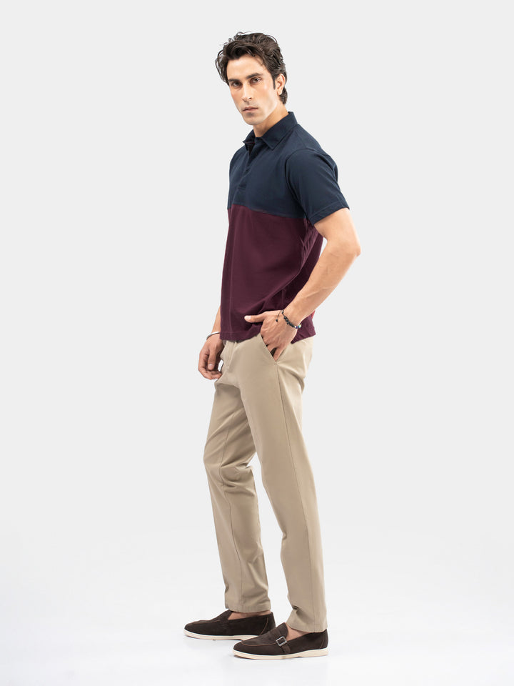 Back view of burgundy and navy blue casual polo shirt
