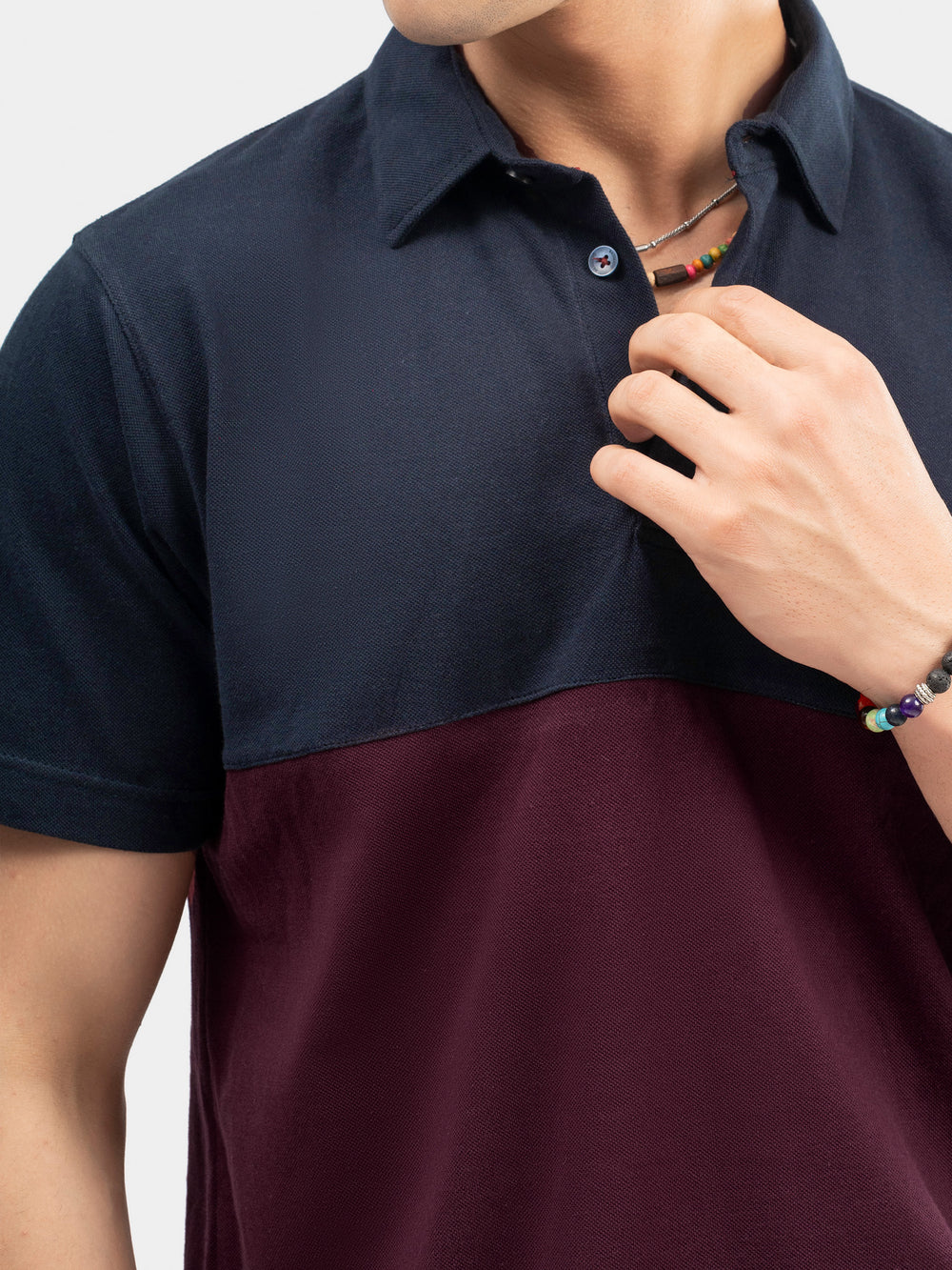 Close up of self collar on two tone cotton polo