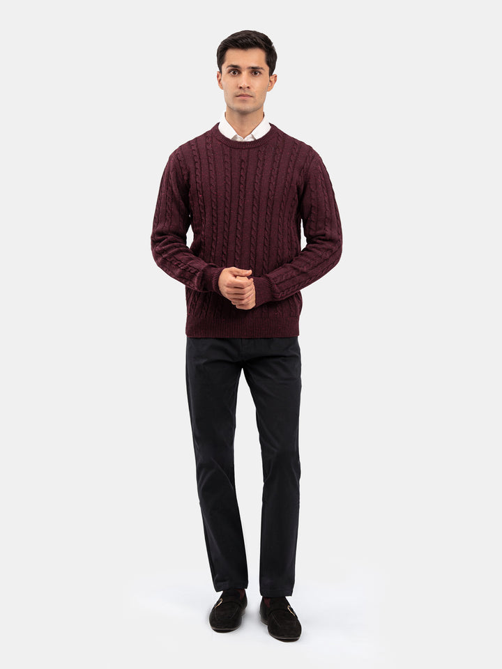 Burgundy Cable Knit Wool Blended Crew Neck Jumper