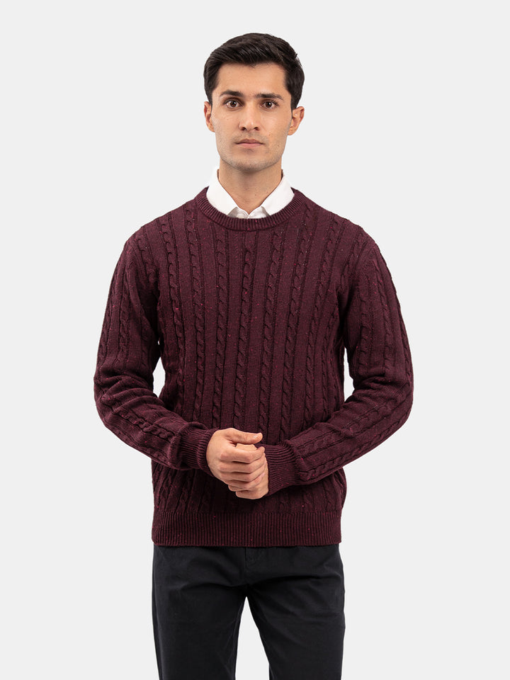 Burgundy Cable Knit Wool Blended Crew Neck Jumper
