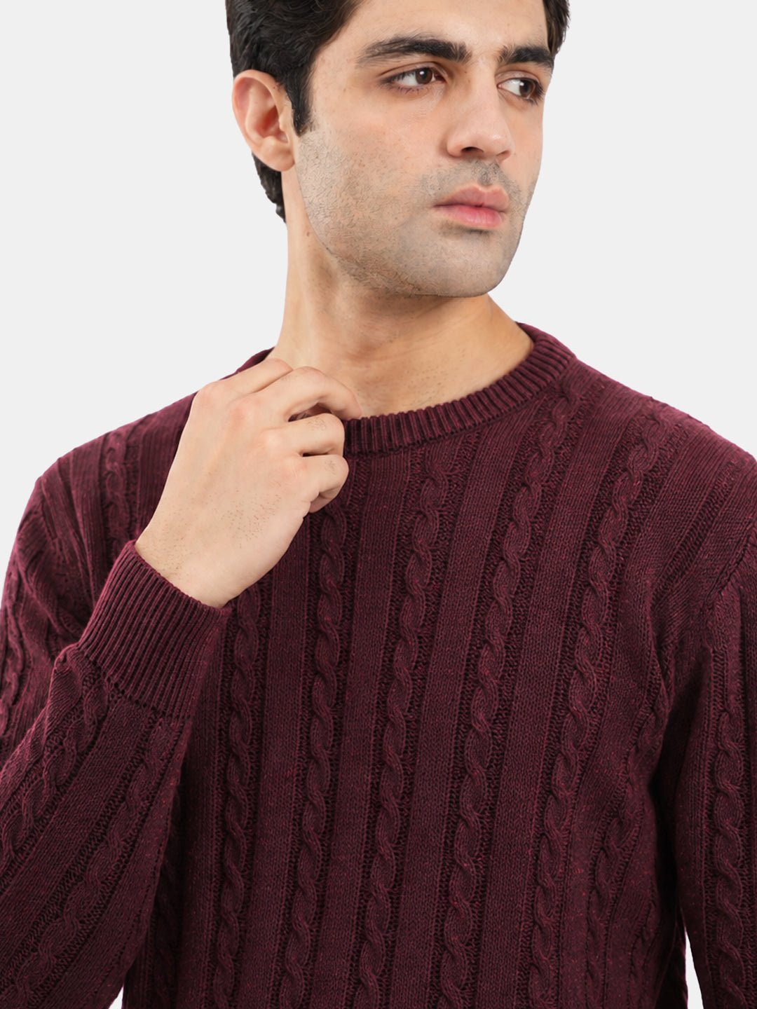 Burgundy Cable Knit Wool Blended Crew Neck Jumper