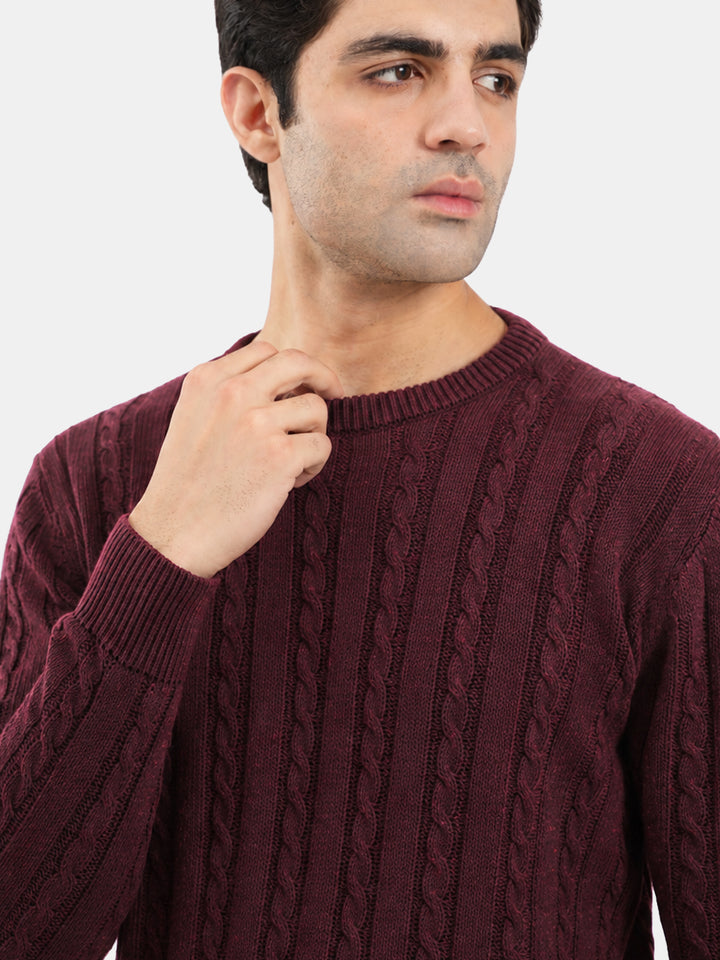 Burgundy Cable Knit Wool Blended Crew Neck Jumper