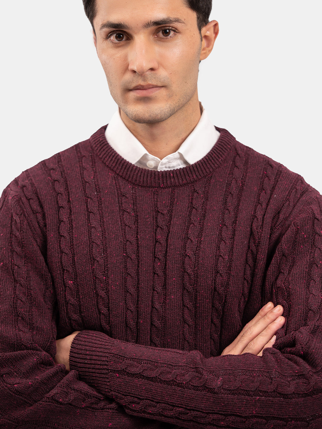 Burgundy Cable Knit Wool Blended Crew Neck Jumper