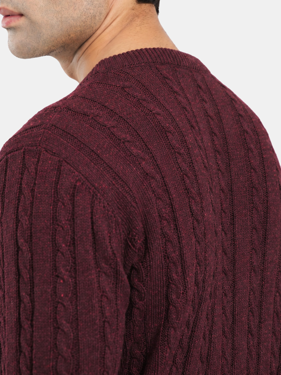 Burgundy Cable Knit Wool Blended Crew Neck Jumper