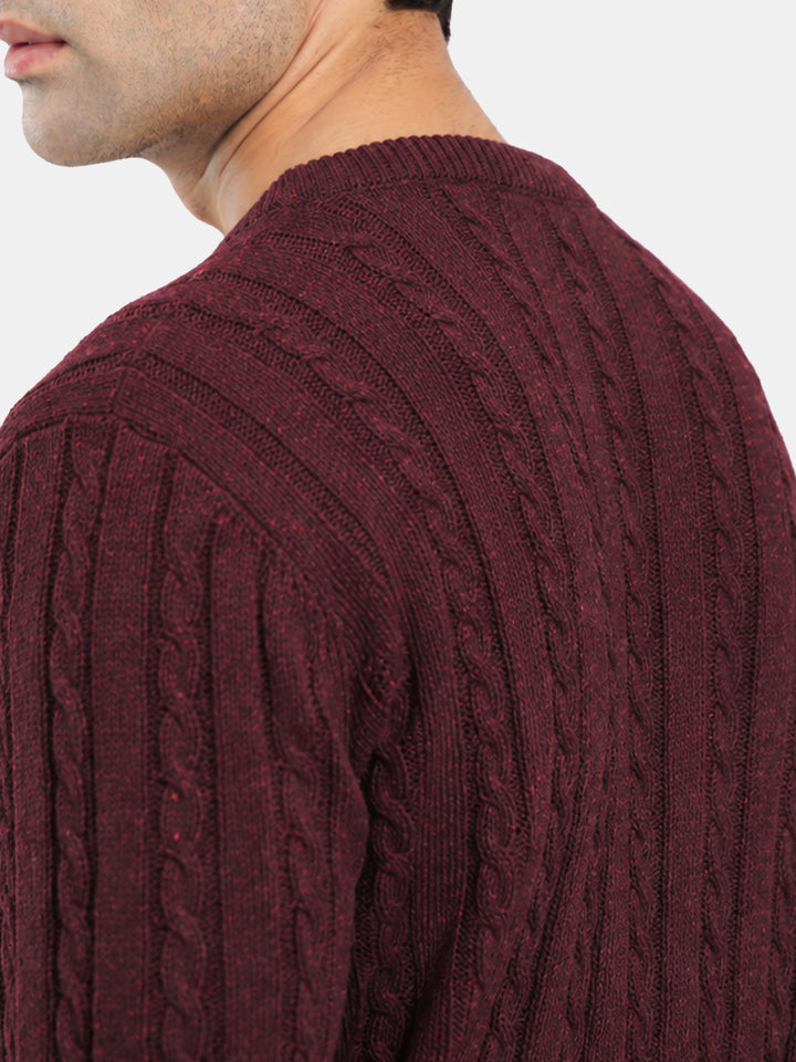 Burgundy Cable Knit Wool Blended Crew Neck Jumper