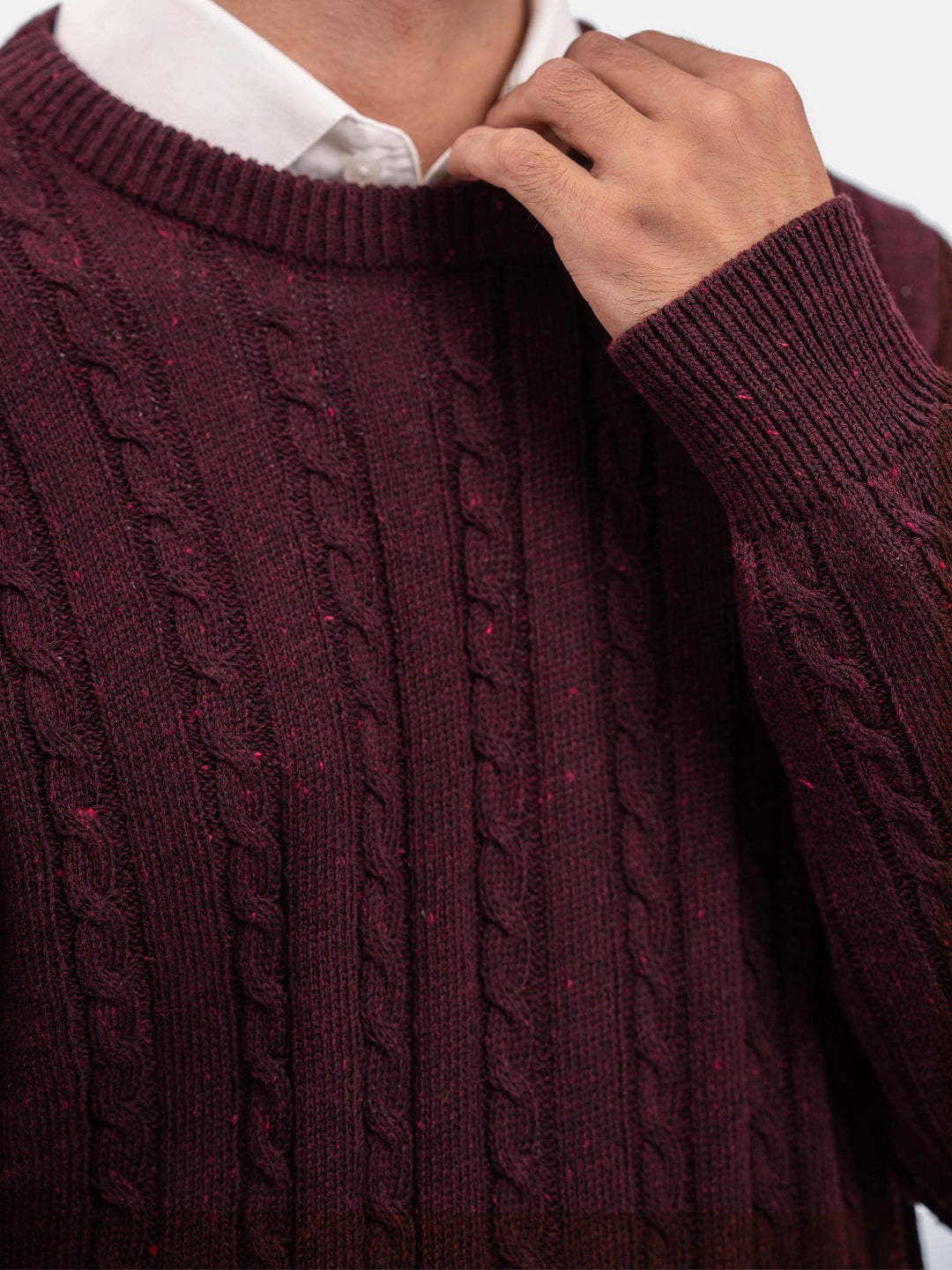 Burgundy Cable Knit Wool Blended Crew Neck Jumper