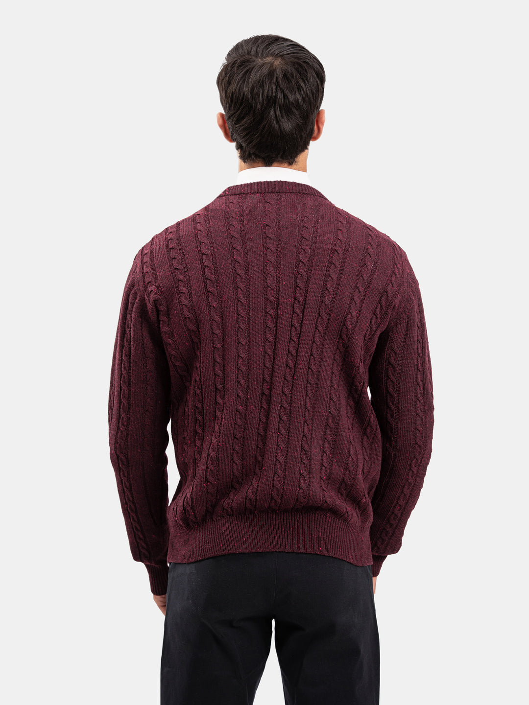 Burgundy Cable Knit Wool Blended Crew Neck Jumper