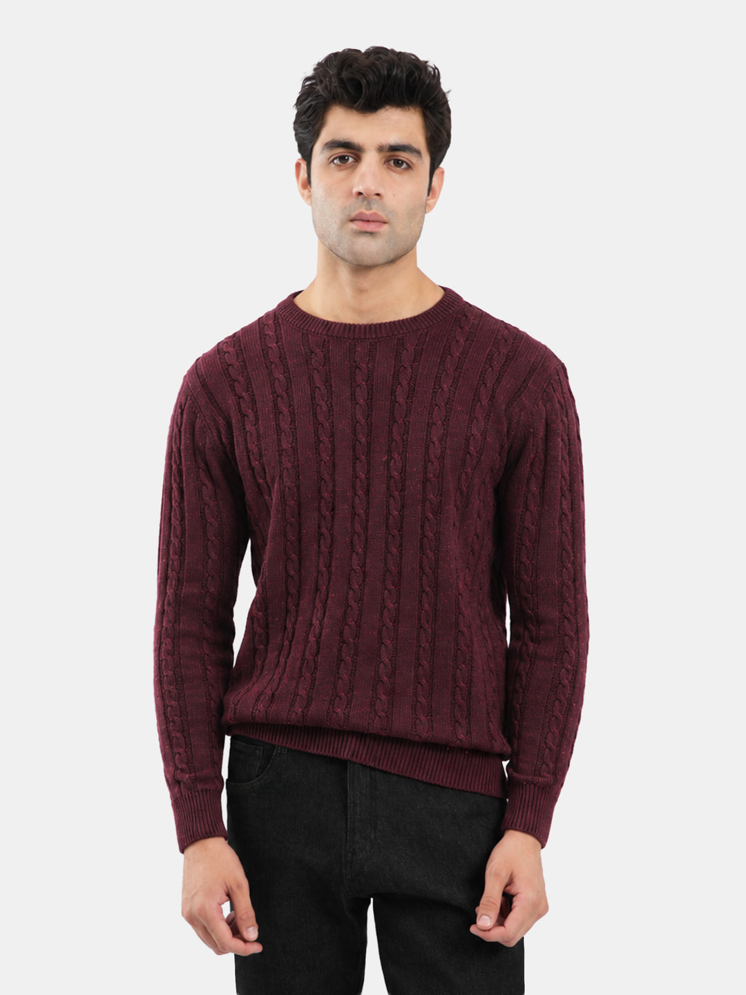 Burgundy Cable Knit Wool Blended Crew Neck Jumper